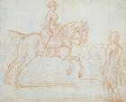 A lady riding side-saddle turns to look at a dismounted rider (graphite & red chalk)