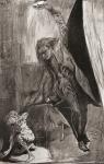 I'll Bite, If You Hit Me! "Used, already, to be worried and hunted like a beast, the boy crouched down, and looked back again, and interposed his arm to ward off the expected blow." Illustration by Harry Furniss for the short story The Haunted Man and The
