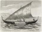 Boat of the Mortlock Islands, with outrigger and sail of rush-matting, from 'The History of Mankind', Vol.1, by Prof. Friedrich Ratzel, 1896 (engraving)