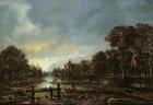 Moonlit River Landscape with Cottages on the Wooded Banks (oil on canvas)