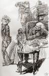 Kit. "A shock headed, shambling, awkward lad with uncommonly wide mouth, very red cheeks, a turned up nose, and the most comical expression of face." Illustration by Harry Furniss for the Charles Dickens novel The Old Curiosity Shop, from The Testimonial 