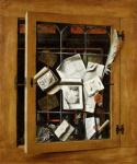 A trompe l'oeil of an open glazed cupboard door, with numerous papers and objects, 1666 (oil on canvas)