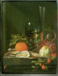 Still Life of Oysters, Grapes, Bread and Glasses on a Ledge (oil on panel)