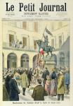 Students gather at the statue of Joan of Arc, from the front page of the illustrated supplement of 'Le Petit Journal', 19th February 1894 (colour litho)