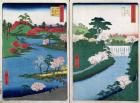 Along the riverbank, two views from '60-Odd Famous Views of the Provinces', pub. by Kosheihei in 1853, (colour woodblock print)