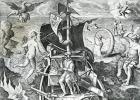 Allegory on the travels of Ferdinand Magellan (1480-1521), by Theodor de Bry (1528-1598), 16th century (engraving)