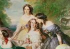 Empress Eugenie (1826-1920) and her Ladies in Waiting, detail of Baronne de Malaret, nee Nathalie de Segur (yellow dress), Marquise de las Marismas (white dress) & Marquise de La Tour Maubourg and the Marquise (blue dress), 1855 (oil on canvas)