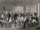 Washington parting from his officers at Fraunces Tavern, New York City, USA, on December 4th 1783. George Washington, 1732-1799. First President of the United States. From a 19th century print engraved by Rogers after Chapin.