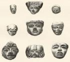 Stone heads and masks found at Teotihuacan, Mexico by Desir̩ Charnay during his expedition in 1880/1883 (engraving)