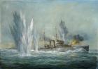 HMS Exeter engaging in the Graf Spree at the Battle of the River Plate, 2009 (oil on canvas)