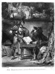 First Meeting between Faust and Mephistopheles: `Why all this Noise?', from Goethe's Faust, 1828, (illustration), (b/w photo of lithograph)