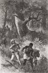 Stanley threatens to shoot a porter during the mutiny in Gombe, Africa, during his expedition in 1872, illustration from 'The World in the Hands', engraved by Charles Laplante (d.1903), published 1878 (engraving)