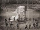 Sailors and workers coiling the transatlantic telegraph cable in the bilge tanks of the S.S. Great Eastern, 1865, from Les Merveilles de la Science, published c.1870 (engraving)
