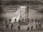 Sailors and workers coiling the transatlantic telegraph cable in the bilge tanks of the S.S. Great Eastern, 1865, from Les Merveilles de la Science, published c.1870 (engraving)