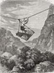 A rope suspended cradle over a valley, used as a means of transport in Japan in the 19th century.