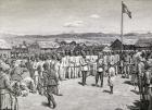 Sir Henry Morton Stanley addressing rebel officers at Kavalli, 1890 (wood engraving)