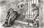 Lady Dedlock and Jo. "He was put there," says Jo, holding to the bars and looking in, while Lady Dedlock shrinks into a corner. Illustration by Harry Furniss for the Charles Dickens novel Bleak House, from The Testimonial Edition, published 1910.