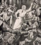 Russian nurse Mira Miksailovitch Ivanoff leading men against Germans, 1915, from 'The War Illustrated Album deLuxe' published in London, 1916 (litho)