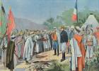 General Lyautey (1854-1934) receiving the surrender of a rebel tribe in Morocco, from 'Le Petit Parisien', 1912 (colour litho)