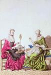 Ladies spinning and sewing, c.1765 (colour engraving)