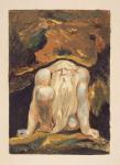 A naked man with a long beard kneeling with one knee raised and both hands on the ground, plate 8 from 'The First Book of Urizen', 1794 (colour printed relief etching with w/c)
