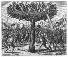 Indians in a Tree Hurling Projectiles at the Spanish (engraving) (b/w photo)