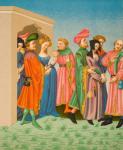 A young mother´s retinue. Parisien costumes at end of 14th century. 19th century copy of miniature from latin Terence owned by King Charles VI