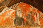 Salamanca, Salamanca Province, Spain. The three wise men visit Mary and Jesus. Painting above a tomb in the Old Cathedral. Catedral Vieja.