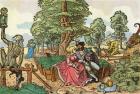 After a 16th century woodcut by Peter Flötner entitled The Hazards of Love. Lovers in a garden. Amongst the symbology, Father Time with a snake wrapped around his leg. From Illustrierte Sittengeschichte vom Mittelalter bis zur Gegenwart by Eduard Fuchs, p