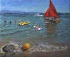 Yellow Buoy and Red Sails, Abersoch (oil on canvas)