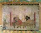 Hanging, depicting grooms feeding horses, ink and watercolour on silk, attributed to Jen Jen-Far, Chinese, 14th century