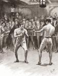 Bare-knuckle boxing in the 19th century. Aka bare-knuckle, prizefighting, or fisticuffs, it was the original form of boxing. From The Strand Magazine, published 1896