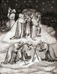Philosophers on the summit of Mount Athos, Greece, taking observations of the stars and writing words in the dust. After an illumination from the 15th century Travels of Sir John Mandeville. From Impressions of English Literature, published 1944.