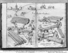 Silver mine of La Croix-aux-Mines, Lorraine, fol.2v and fol.3r, carpenters and carpentry, c.1530 (pen & ink & w/c on paper) (b/w photo)
