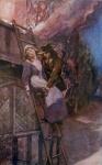 Man rescuing a woman from a fire in the 17th century (colour litho)