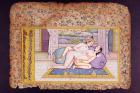 Erotic scene in a luxurious boudoir, Rajasthani miniature painting (w/c on paper)