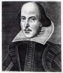 Portrait of William Shakespeare, engraved by Martin Droeshout, 1623 (engraving) (b/w photo)