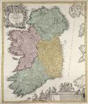 Map of Ireland showing the Provinces of Ulster, Munster, Connaught and Leinster, by Johann B. Homann, c.1730 (hand coloured engraving)