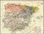 Map of Spain in 910 showing the kingdoms of León and Navarre, the county of Barcelona, the Emirate of Cordova and the independent Moorish States, from Historical Atlas, published 1923 (colour litho)