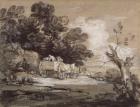 Wooded Landscape with Country Cart and Figures, c.1785-88 (black & white chalk with wash on paper)