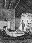 Park resting in a native hut during his travels, 1816 (engraving)