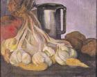 A Bunch of Garlic and a Pewter Tankard (oil on canvas)