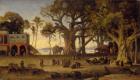 Moonlit Scene of Indian Figures and Elephants among Banyan Trees, Upper India (probably Lucknow) (oil on Indian hardwood panel)