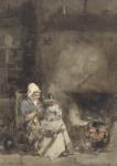 A Woman and Child by a Hearth, 1842 (w/c over graphite on paper)