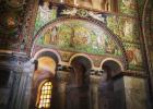 Mosaic on the left typanum in San Vitale basilica describing events in the life of Abraham, including, on the right, his preparation to sacrifice his son, Isaac, Ravenna, Ravenna Province, Italy (photo)