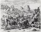 Pack Train of Llamas Laden with Silver from Potosi Mines of Peru, engraved by Theodore de Bry (1528-98), from 'Americae', 1602 (engraving) (b&w photo)