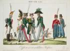 Russian officers and soldiers, 1815 (coloured engraving)