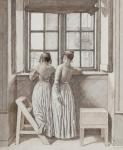 At a Window in the Artist's Studio, 1852 (Pen, grey ink and brown wash over pencil framed in light blue watercolour)