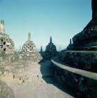View of the uppermost circular terrace surrounded by latticed stupas or dagobs, erected c.800 AD (volcanic stone) (photo)