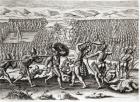 Outina defeats Patanou with the aid of the French, Florida, 1564, from 'Brevis Narratio' engraved by Theodore de Bry (1528-98) 1591 (engraving) (see also 223425 & 173458)